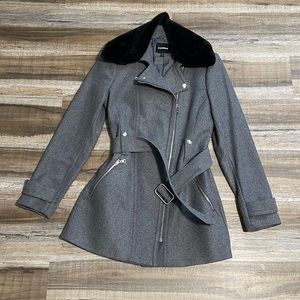 Express Grey Peacoat with Fur Collar- Size Small